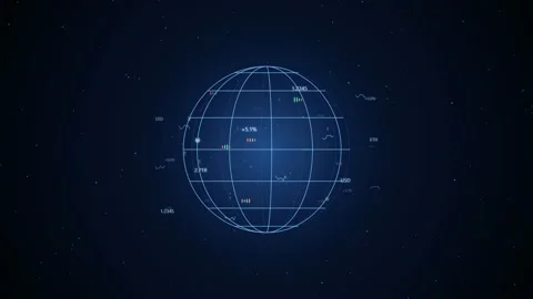 Digital holographic globe with rotating data points and financial statistics on Stock Footage 344775945