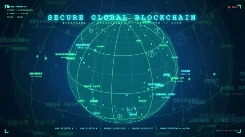 Digital Holographic Globe with Secure Global Blockchain Network and Data Stock Footage 343163787