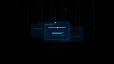 Digital holographic interface displaying file folders and binary code strea.. Stock Footage 345682103