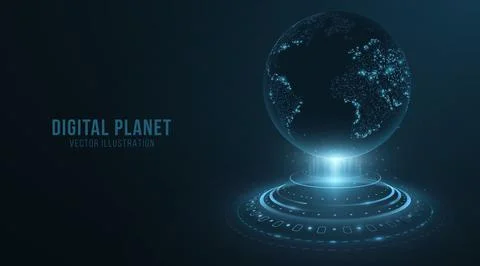 Digital holographic planet with HUD elements. Earth Globe hologram. 3D futuri Stock Illustration