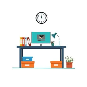 Digital home office desk setup with online education on screen Stock Illustration