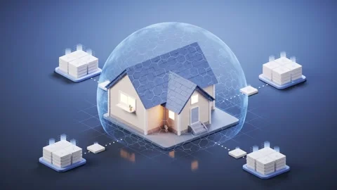 Digital home protection, smart house connected to distributed data storage .. Stock Footage 332336033