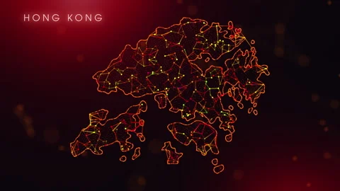 Digital Hong Kong Map Motion Reveal With Abstract Red And Orange Plexus Net.. Stock Footage 330759376