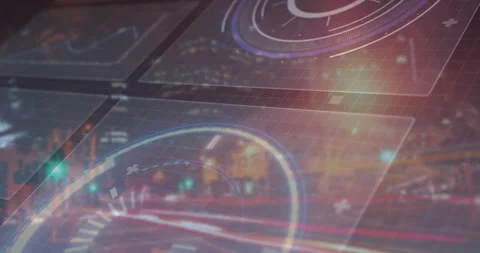 Digital HUD analytics overlay moving across city with panels and dials showing Stock Footage 307454259