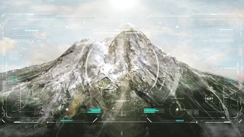 Digital HUD display showing drone tracking data over snow mountain Video stock 337344637