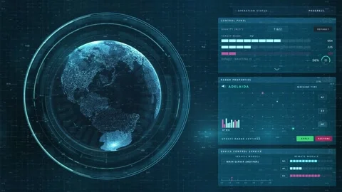 Digital HUD Interface with Rotating Particle Earth Globe and Telemetry Data Stock Footage 341677220