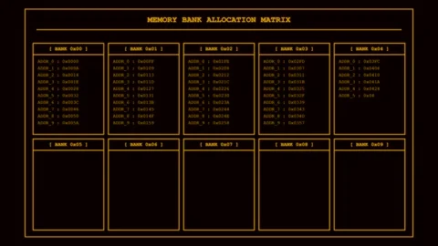 Digital HUD memory bank allocation matrix interface animation Vidéo 346838072