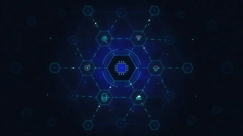 Digital HUD motion graphic loop with cybernetic network overlay and glowing Stock Footage 347562231