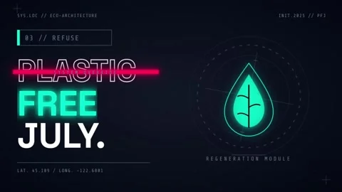 Digital HUD Plastic Free July Animation with Glowing Green Leaf Icon Stock Footage 337780130