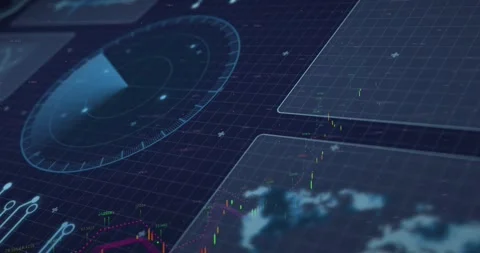 Digital HUD on scan pulse, rotating radar sweeping, candles rising and plotting Stock Footage 329505074