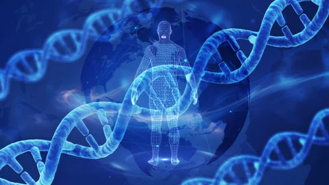 Digital Human and DNA Helix Amid Global Matrix in Futuristic Blue Hues Stock Footage 339051465