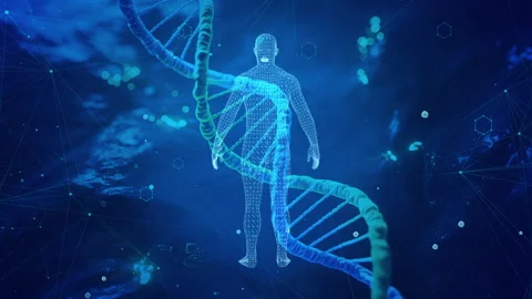 Digital Human and DNA Strand in Blue Sci-Fi Themed Concept Art 스톡 동영상 339052170