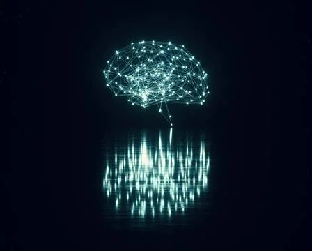 Digital human brain on reflective surface 3d render of digital human brain... Foto stock