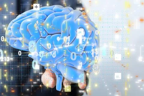 A digital human brain render with a connected network of binary code- artific Stock Photos
