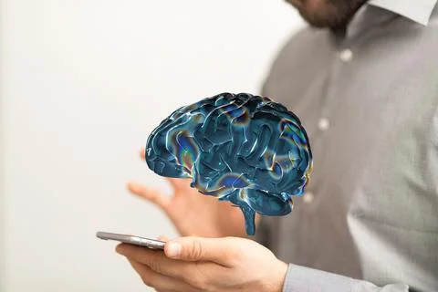 A digital human brain render with a connected network of lines- artificial in Stock Photos