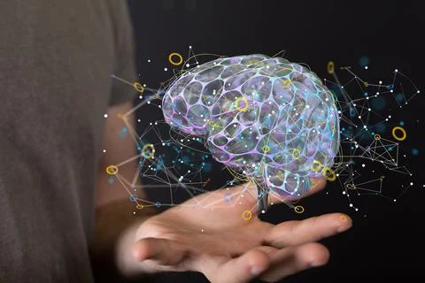 A digital human brain render with a connected network of lines- artificial in Stock Photos