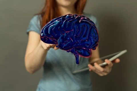 A digital human brain render with a connected network of lines- artificial in Foto stock