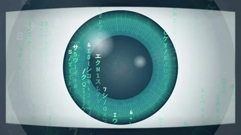 Digital Human Eye Animation with Floating Data Code and Futuristic Cybernetic Stockbeeldmateriaal 341834347