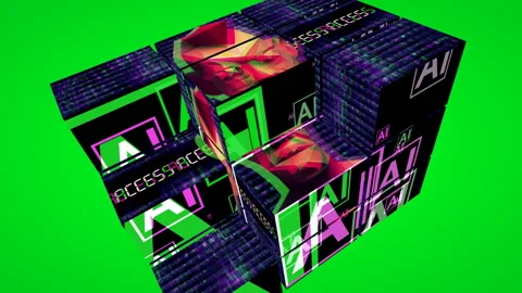 Digital human face access on cube artificial intelligence concept on green .. Stock Footage 229895598