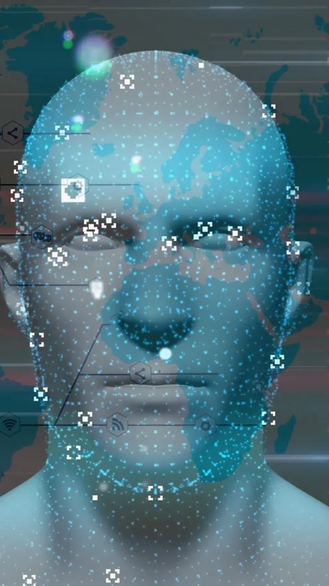 Digital human face with data points and world map, global technology animation Stock Footage 342997242