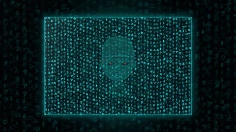 Digital Human Face Emerging from Binary Code and Plexus Network on Futuristic Stock-Footage 343168768