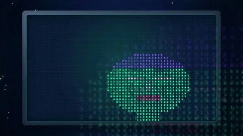 Digital human face formed by binary code on a dark futuristic computer screen Stock Footage 341820533