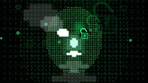Digital Human Face Silhouette with Binary Code and Security Lock for Video stock 343171575