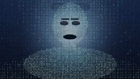 Digital Human Face Silhouette Formed by Glowing Blue Data Points and Binary Video stock 343162629