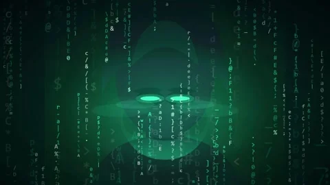 Digital Human Face Silhouette with Glowing Eyes and Falling Matrix Code Data 動画素材 341828204
