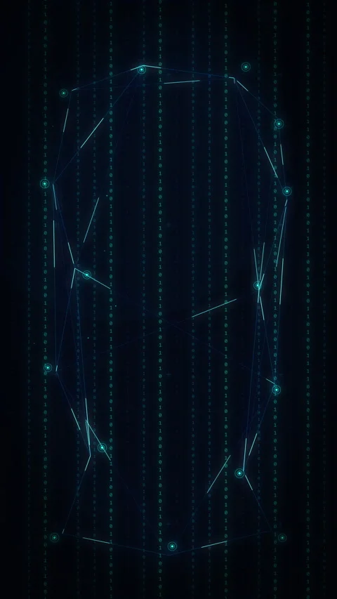 Digital human face wireframe, cyber security, data matrix, futuristic interface Stock Footage 347562401