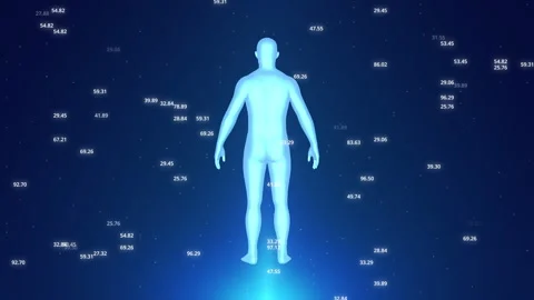 Digital human figure, blue human body rotating with lights effects. Stock Footage 248466671