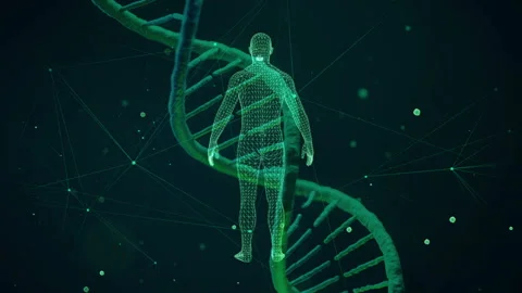 Digital Human Figure with DNA Helix Background in Futuristic Design Stock Footage 339051879