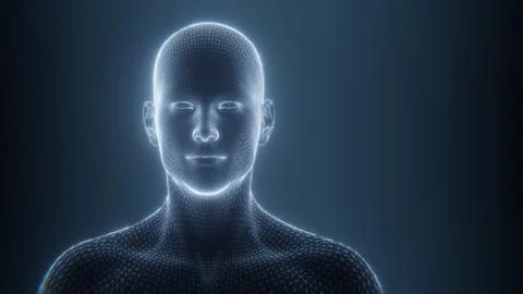 Digital human head and shoulders with a glowing wireframe effect. 3D render Stock Illustration