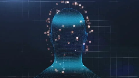 Digital human head with data points and grid, artificial intelligence animation Video stock 304019374