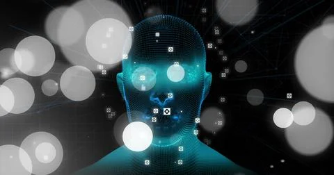Digital human head with glowing circles and data points image Stock Illustration