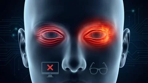 Digital human head with glowing red eyes and computer icons Stock Illustration