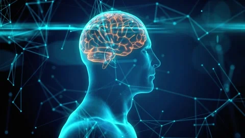 Digital human head profile featuring glowing neural network connections and Stock Footage 340945549