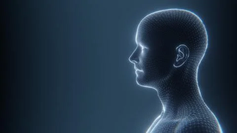 Digital human head profile with glowing wireframe on a dark blue background. 3D イラスト素材