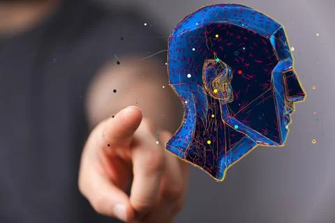 A digital human head render with a connected network of lines- artificial int 스톡 사진