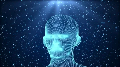 Digital Human Head Rotate in Futuristic Blue Particle Cloud Stock Footage 332636738
