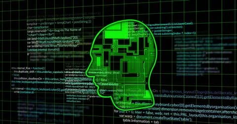 Digital human head silhouette with programming code representing artificial 스톡 사진