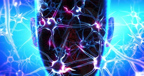 Digital Human Head Surrounded by Glowing Neurons and Data. Stock Footage 321490111