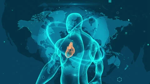 Digital Human Heart Over Global Map Highlighting Health Technology Advancemen 스톡 동영상 344111761