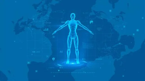 Digital Human Illustration on World Map with Futuristic Technology Elements Stock Illustration