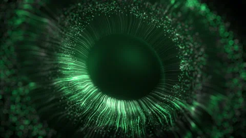 Digital human iris lines of green after an explosion scattering from a bright Stock Footage 138080079