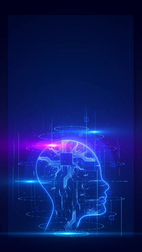 Digital human profile circuit board details, processor icon, scanning rings, blu Stock Footage 340402863