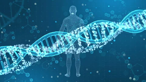 Digital Human Representation with DNA Background in Futuristic Blue Scheme Stock Footage 339051057