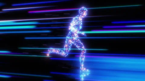 Digital Human Running Fast Seamless. Man Moving Through Light Trails with Vídeos de archivo 273723243