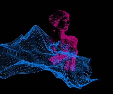 Digital Human Sculpture with Wireframe Landscape, Abstract Artificial Intelli Stock Illustration