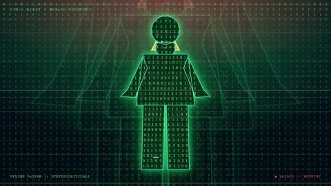 Digital human silhouette composed of binary code on a futuristic green cyber Stock Footage 343157392